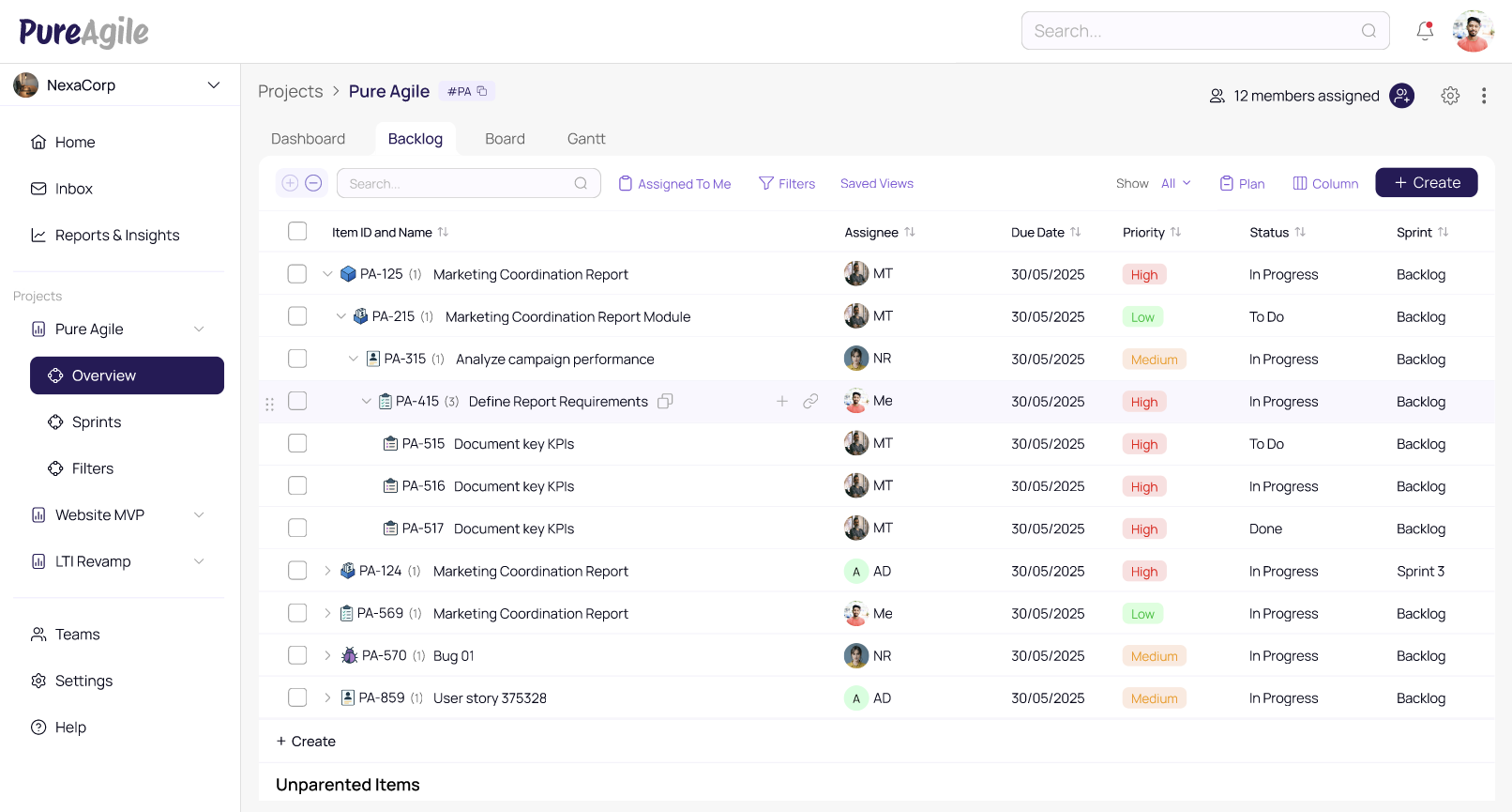 PureAgile Backlog View